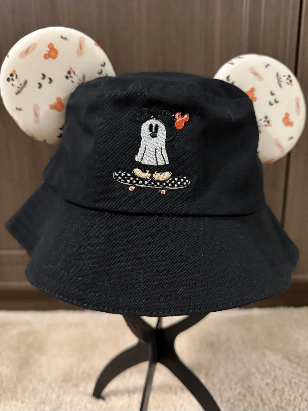 Black toddler halloween Bucket Hat with Playful Skateboard Character and Ears